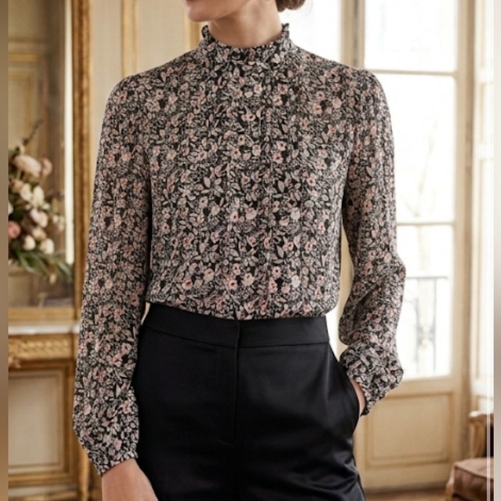 Carolina Belle Montreal Floral High Neck Pleated Bishop Sleeve Blouse Black S